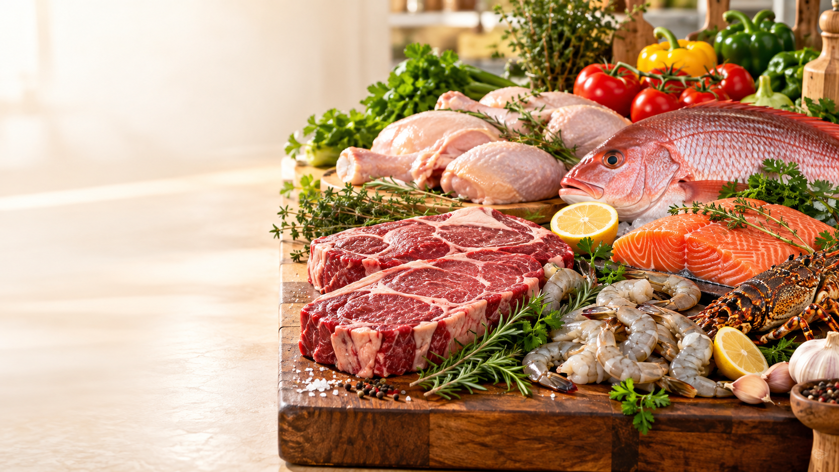 Fresh beef, chicken, seafood and vegetables